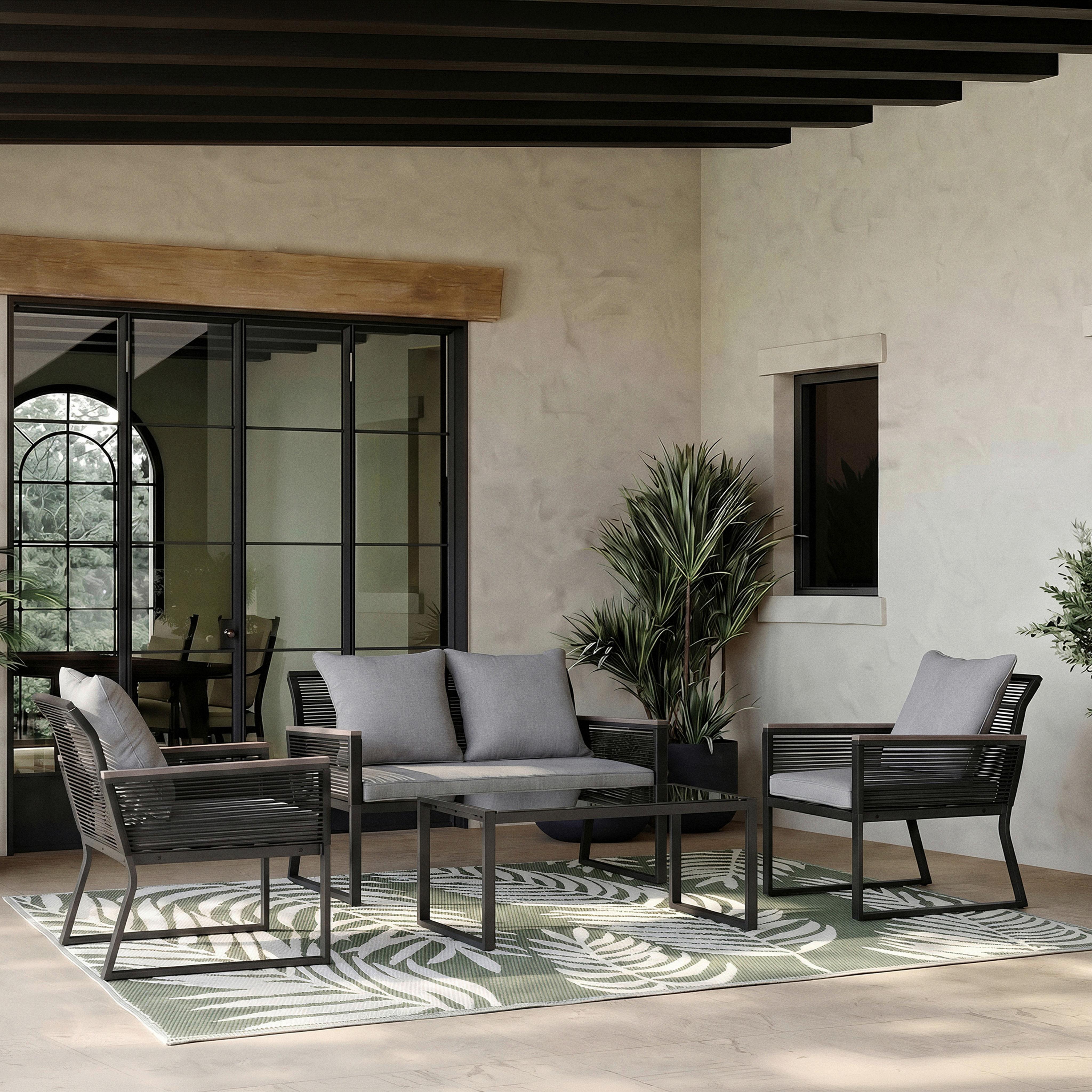 Loungegarnitur Paulina Hellgr. Metall/Outdoorstoff +Abdeckung - Hellgrau/Schwarz, MODERN, Glas/Kunststoff (106/74/70,5cm) - Bessagi Garden