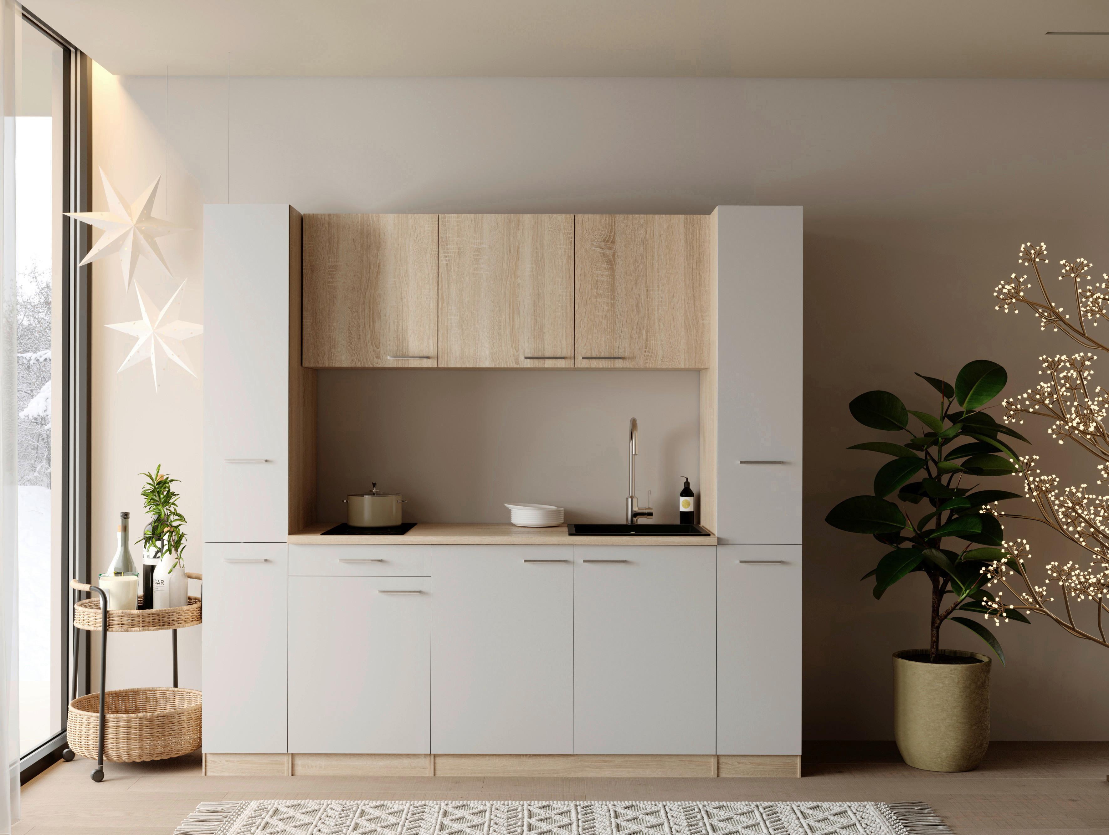 Küchenblock Ingrid m. Gerät Weiß - Eichefarben/Alufarben, Design, Holzwerkstoff/Kunststoff (210cm) - Respekta