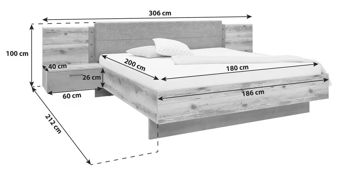 Set Kreveta I Noćnih Ormarića Alicante - siva/boje smreke, Moderno, drvni materijal/tekstil (180/200cm) - Modern Living