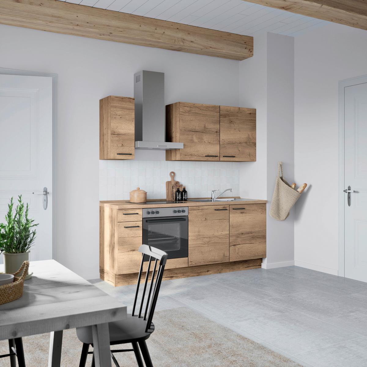 Küchenblock Structura Low m. Geräten Eiche dunkel - Eiche dunkel/Eichefarben, MODERN, Holzwerkstoff/Metall (210cm) - Nobilia