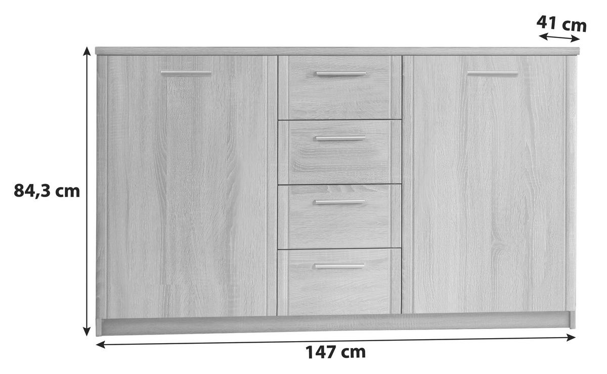Sideboard "Gloria" , Eiche - Alufarben/Schwarz, Basics, Holzwerkstoff/Kunststoff (147/84.3/41cm)