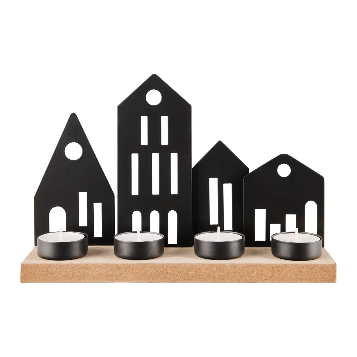 Kerzenhalter City Schwarz/Naturfarben - Schwarz/Naturfarben, KONVENTIONELL, Holz/Metall (25/16,5/7cm) - Modern Living