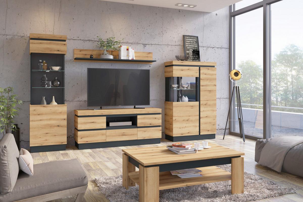 Vitrină CORTE - culoare lemn stejar/gri, Trend, sticlă/material pe bază de lemn (60,1/200,5/40cm) - Modern Living