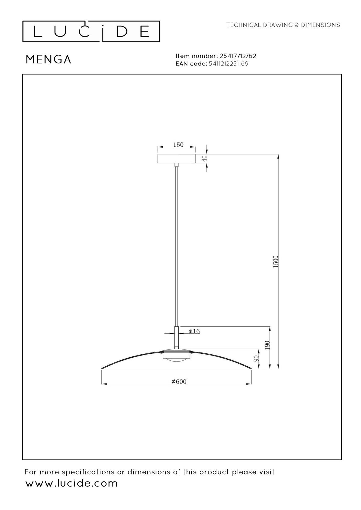 LAMPA WISZĄCA LED 25417/12/62 MENGA *PR* - Konventionell (60/60/150cm) - Lucide