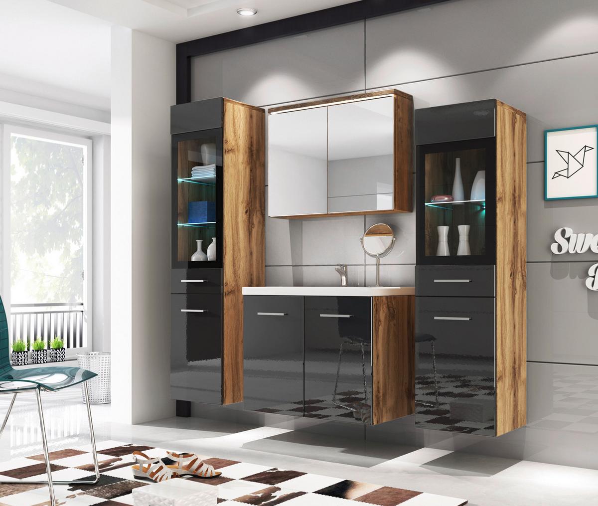 Kopalnica Madrit, Barva Hrasta, Črna, Led, 5-Delno - hrast wotan/črna, Basics, umetna masa/steklo (120cm) - P & B