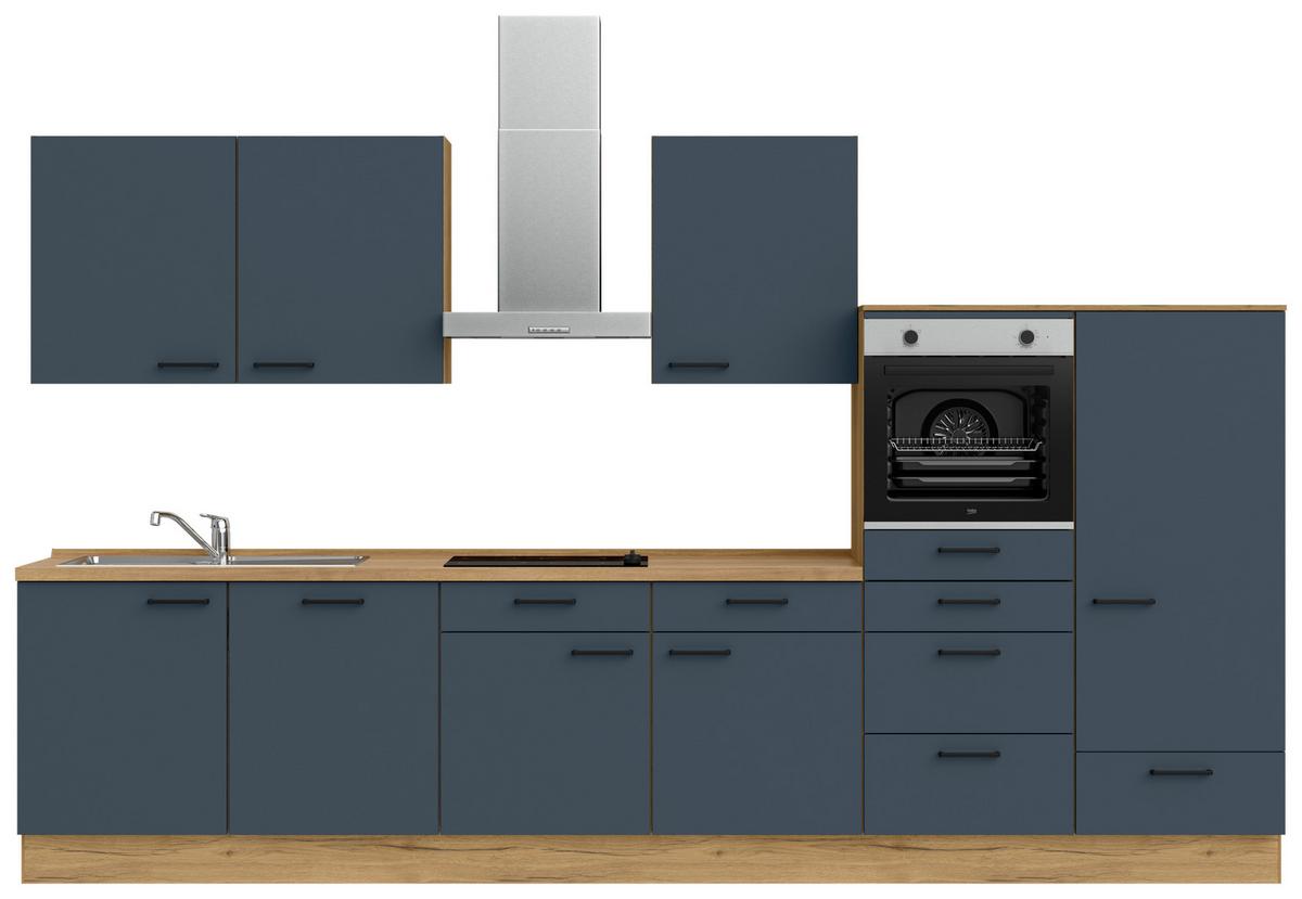 Küchenblock Easytouch Low m. Geräten Blau - Blau/Eichefarben, MODERN, Holzwerkstoff/Metall (360cm) - Nobilia