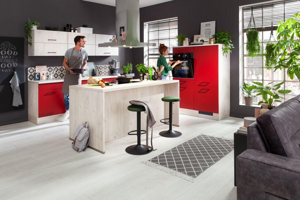 Einbauküche IP 1200 in Rot/Ahornfarben - Rot/Ahornfarben, MODERN, Holzwerkstoff - Impuls