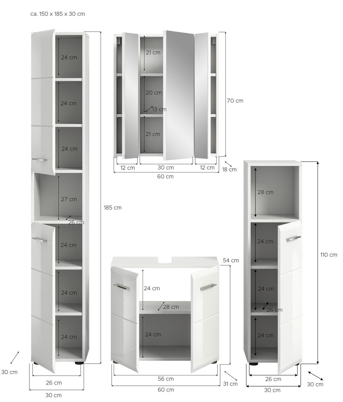 Badezimmer Ice 4-tlg. ca. 120 cm Weiß - Weiß Hochglanz/Silberfarben, MODERN, Holzwerkstoff/Kunststoff (120cm) - MID.YOU