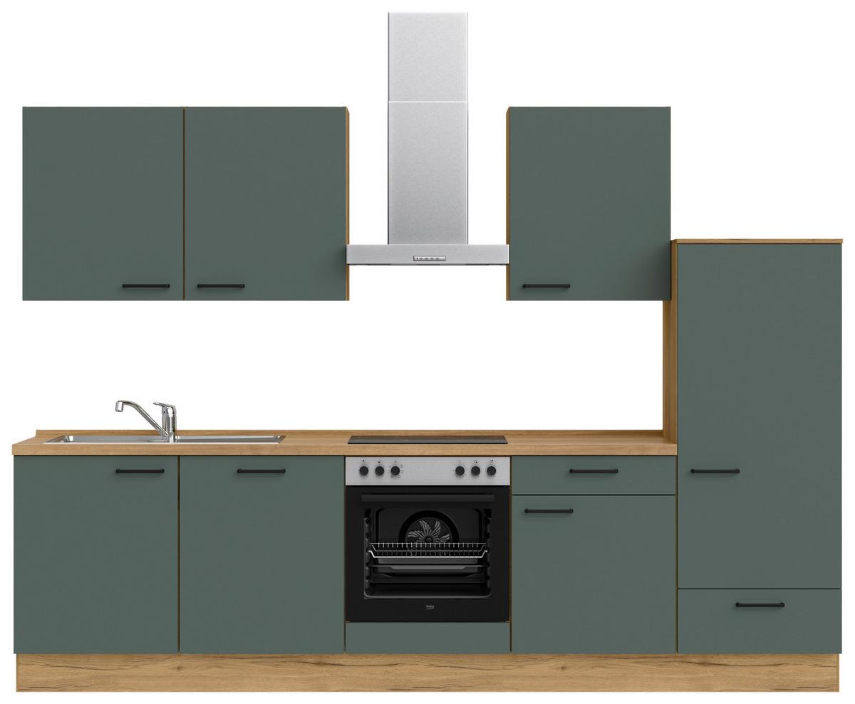Küchenblock Easytouch m. Geräten Dunkelgrün - Dunkelgrün/Eichefarben, MODERN, Holzwerkstoff/Metall (300cm) - Nobilia