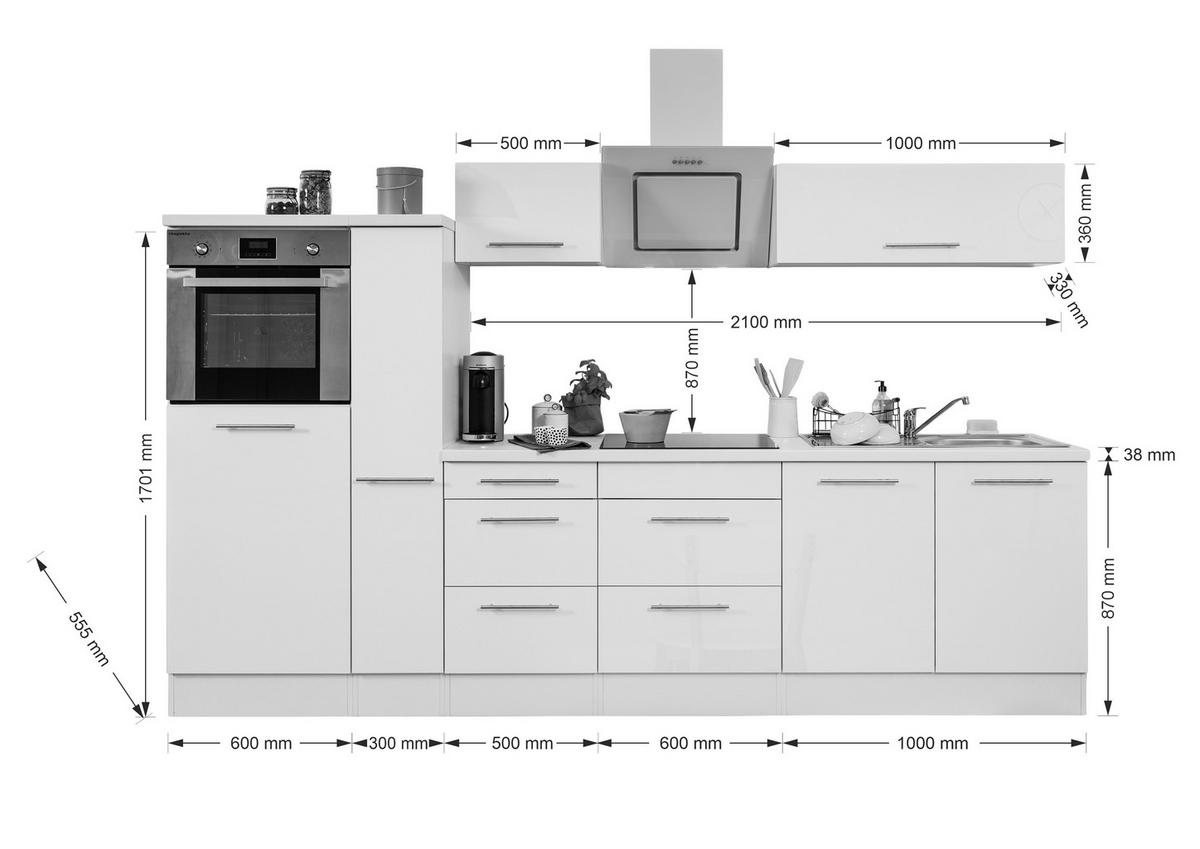 Küchenzeile mit Geräte Weiß Hochgl/Eiche Grau B: ca. 300cm - Edelstahlfarben/Eichefarben, Basics, Holzwerkstoff/Metall (300cm) - Respekta