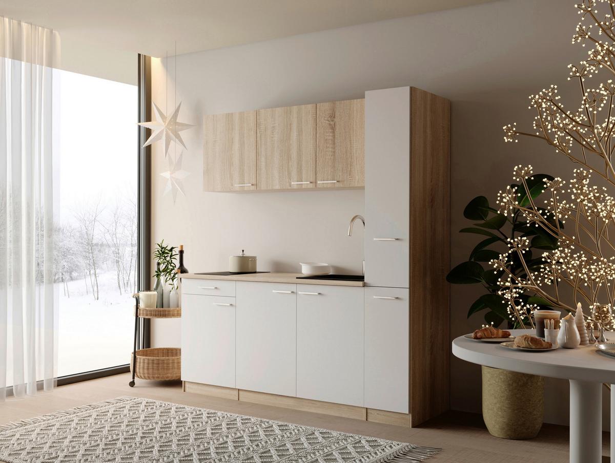 Küchenblock Ingrid m. Gerät Weiß - Eichefarben/Alufarben, Design, Holzwerkstoff/Kunststoff (180cm) - Respekta