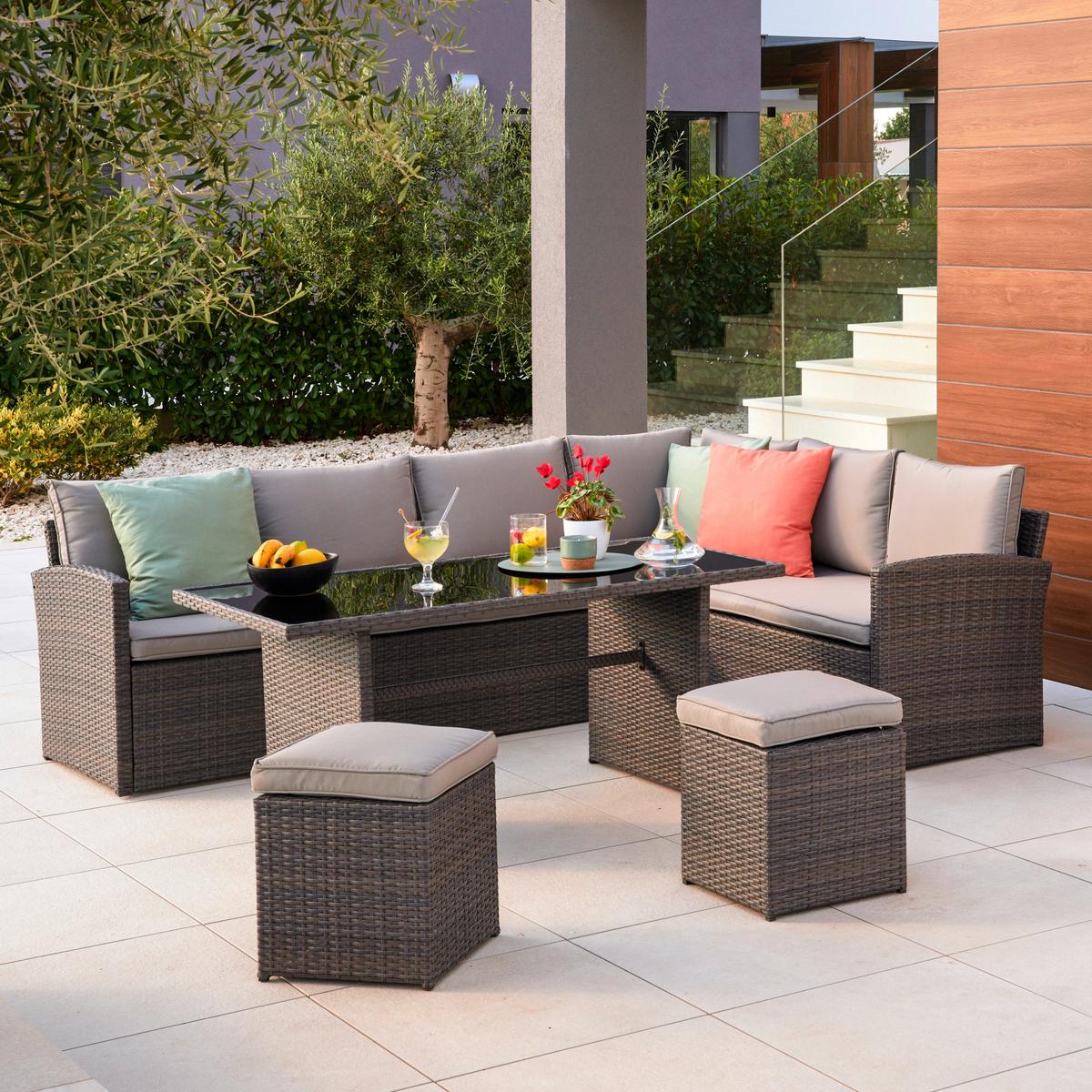 Loungegarnitur-Set Marrakesch 2 Grau aus Kunststoffgeflecht - Hellgrau/Schwarz, Modern, Glas/Kunststoff (240/70/181cm) - Mömax