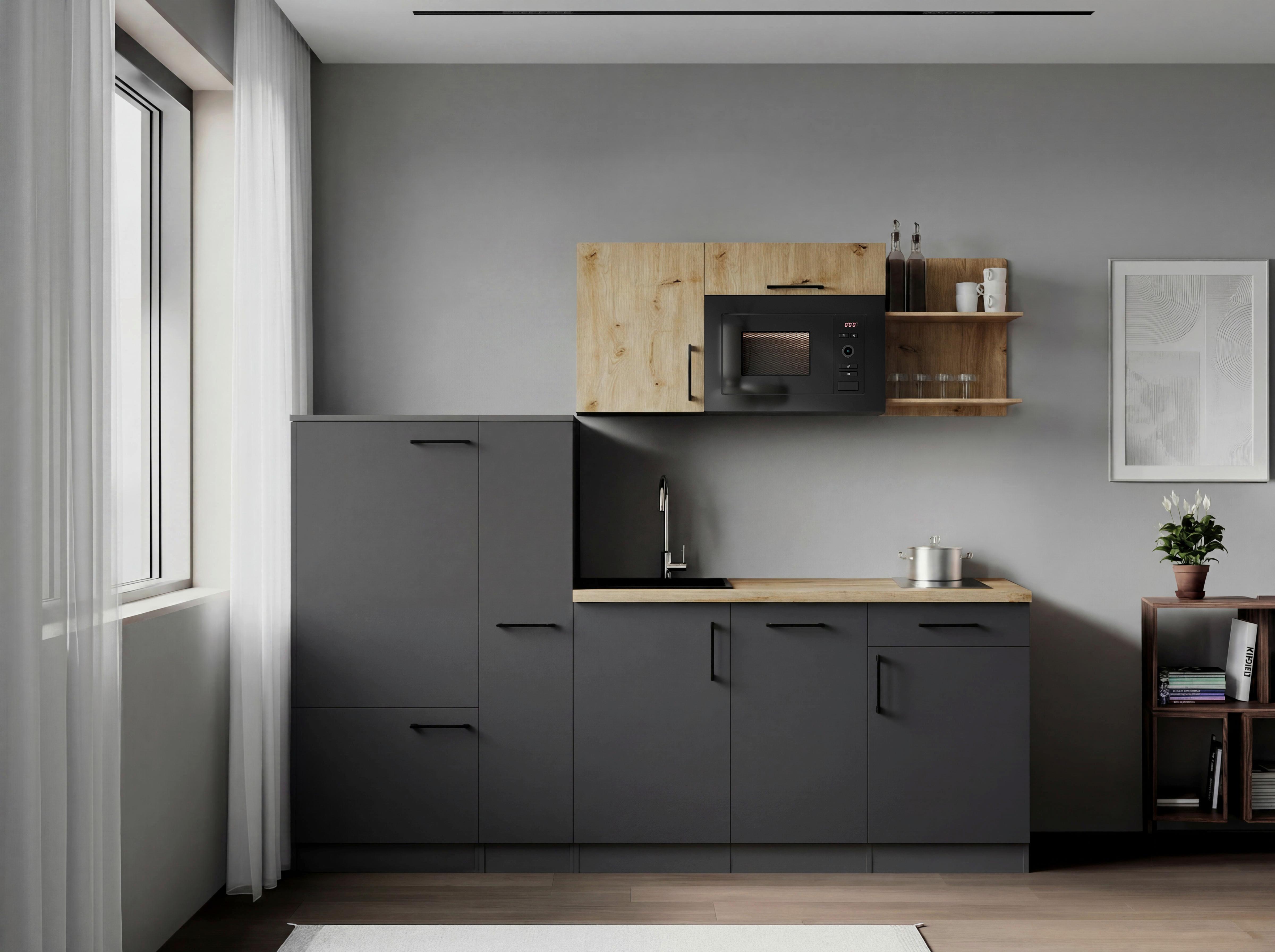 Küchenblock Oliver m. Geräten Grau - Eiche Artisan/Grau, Trend, Holzwerkstoff/Metall (235cm) - Respekta