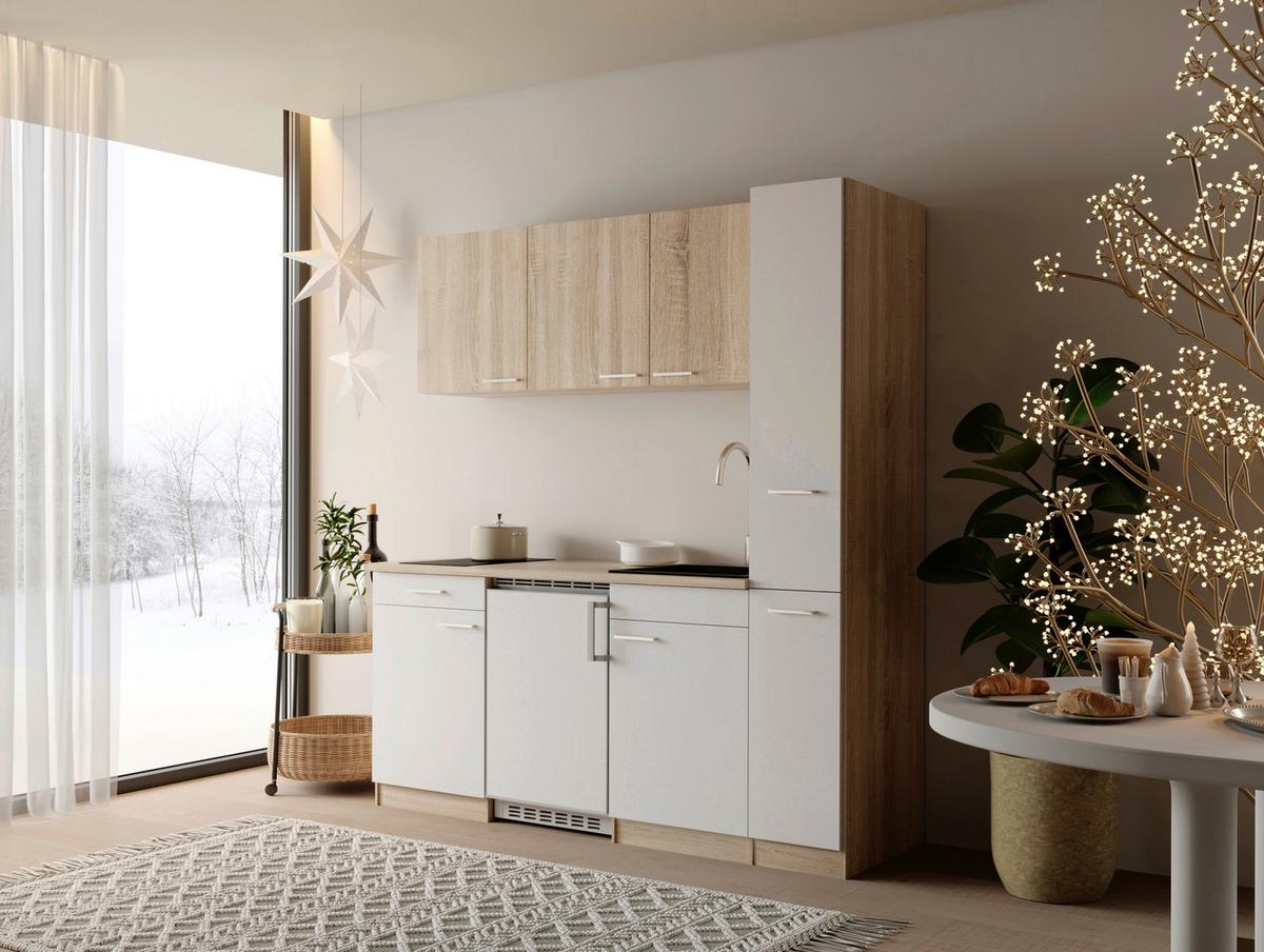 Küchenblock Ingrid m. Geräten Weiß - Eichefarben/Alufarben, Design, Holzwerkstoff/Kunststoff (180cm) - Respekta