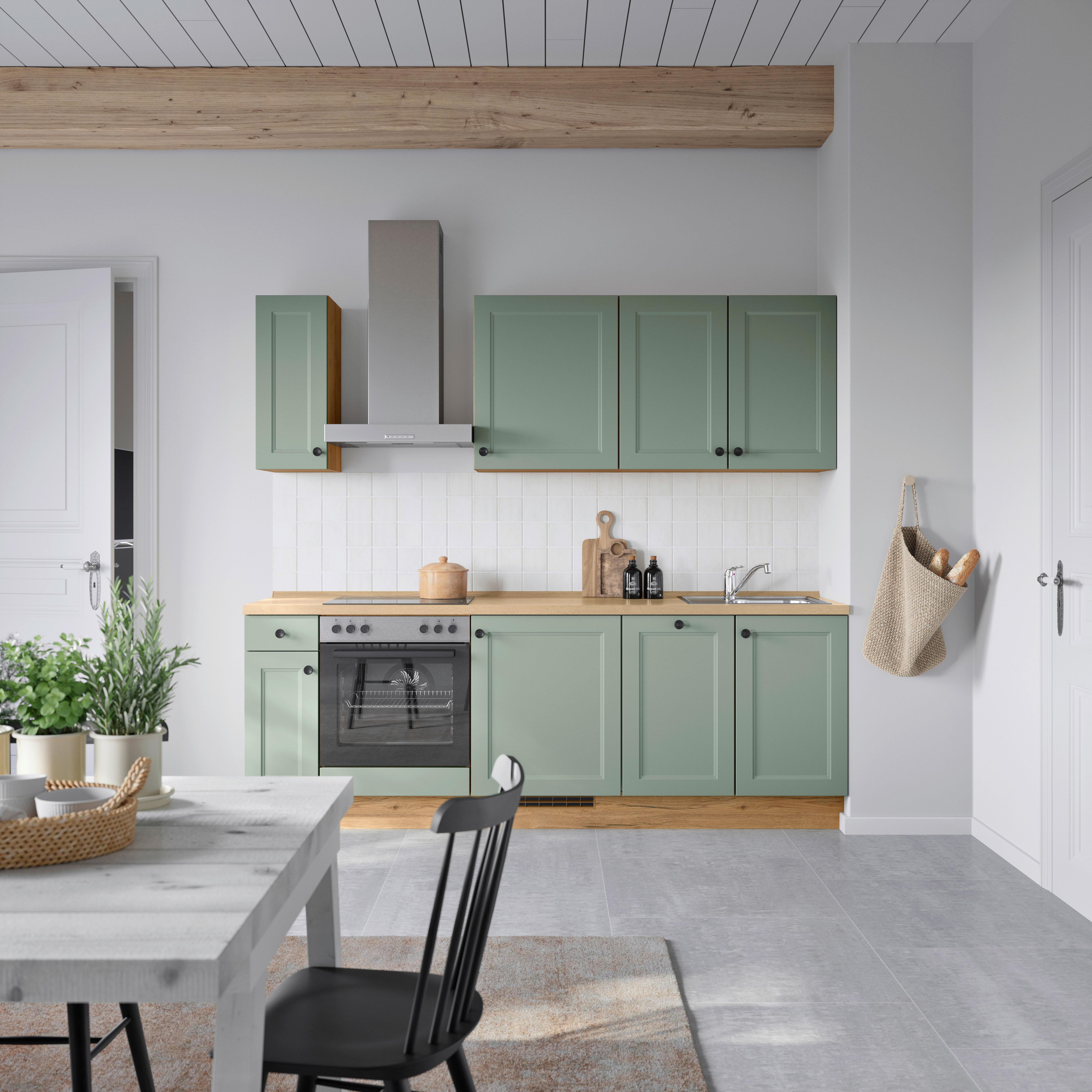 Küchenblock Cascada Low m. Geräten Schilfgrün - Schilfgrün/Eichefarben, MODERN, Holzwerkstoff/Metall (240cm) - Nobilia