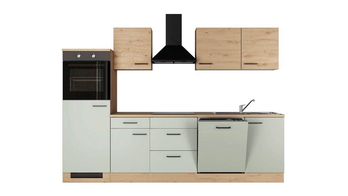 Küchenblock Cara m. Geräten Schilfgrün - Schilfgrün/Schwarz, Trend, Holzwerkstoff/Metall (280cm) - FlexWell