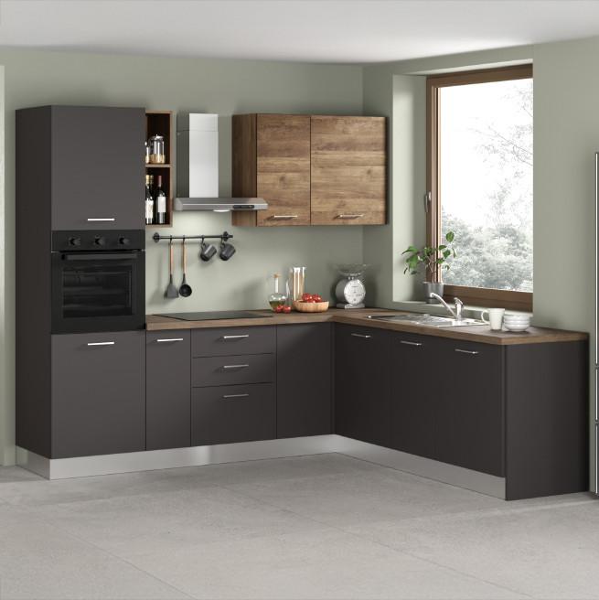 Eckküche Freia m. Geräten ca. 250x225cm Anthrazit - Walnussfarben/Alufarben, LIFESTYLE, Holzwerkstoff/Kunststoff (250/225cm) - MID.YOU