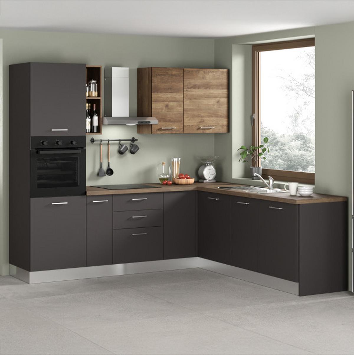 Eckküche Freia m. Geräten ca. 250x225cm Anthrazit - Walnussfarben/Alufarben, LIFESTYLE, Holzwerkstoff/Kunststoff (250/225cm) - MID.YOU