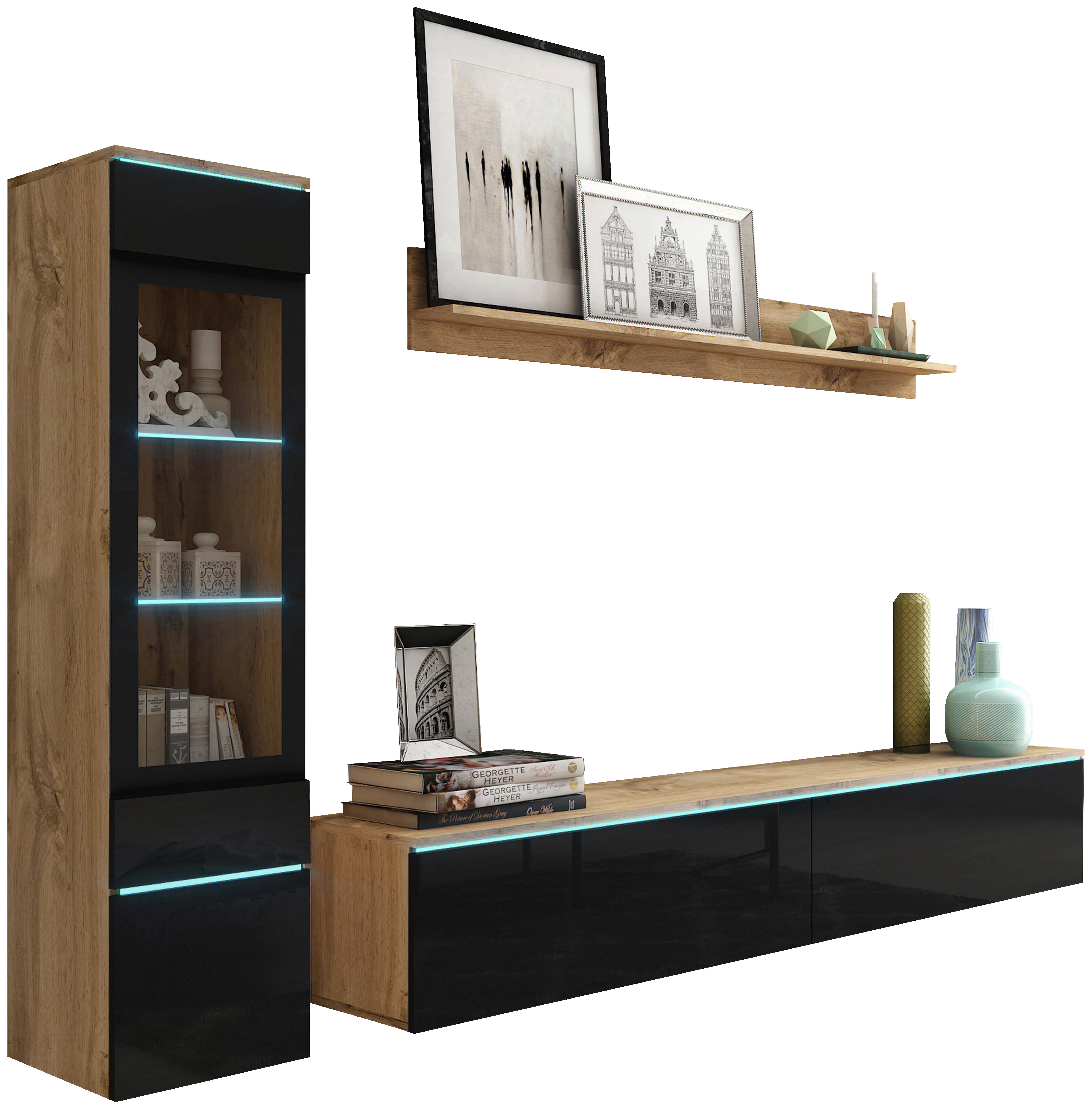 WOHNWAND VERA | EICHE WOTAN/SCHWARZ HG. - Schwarz Hochglanz/Eiche Wotan, LIFESTYLE, Glas/Holzwerkstoff (210/130/33cm) - P & B
