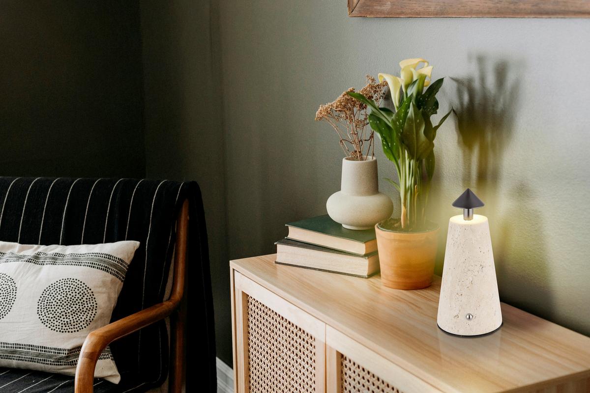 AKKU-TISCHLEUCHTE 21037G LIVA - Weiss/Schwarzchrom, Design, Kunststoff/Stein (9/19cm) - Globo