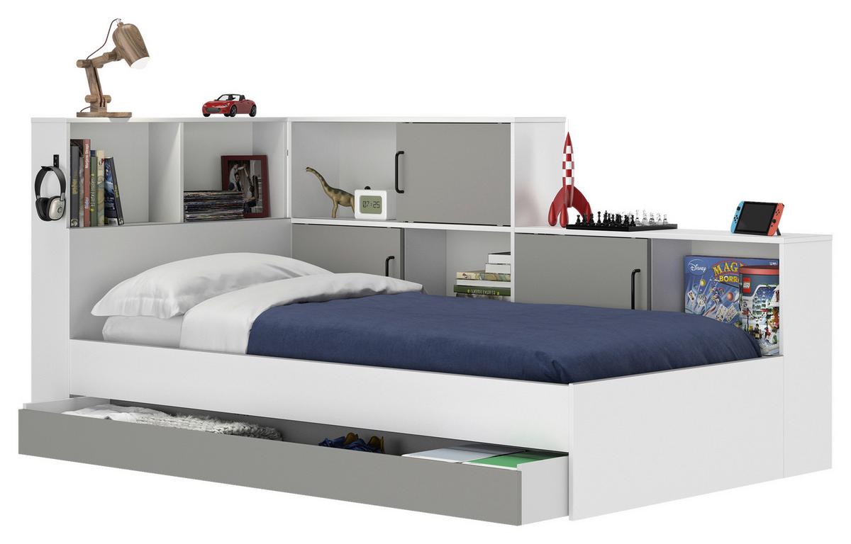 Postelja S Predaalom Erwan, Bela, Siva, 90x200cm - siva/bela, Moderno, leseni material (90/200cm) - MID.YOU