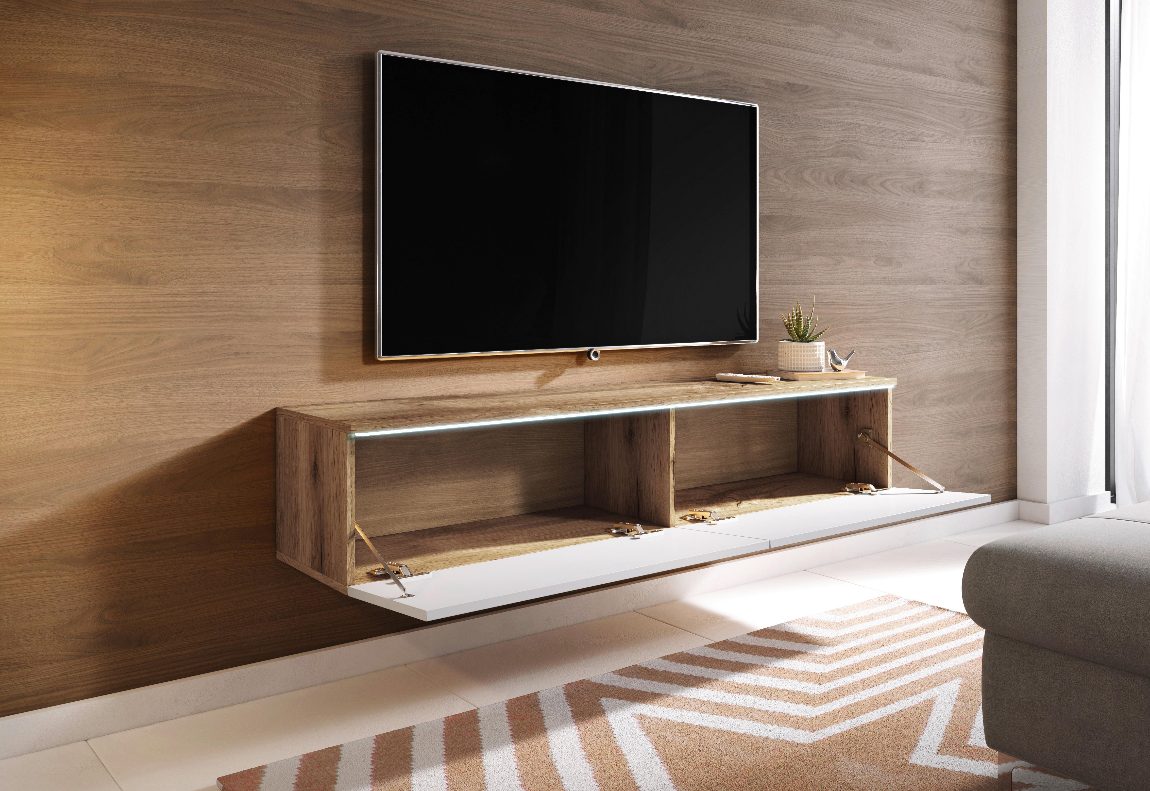 TV-Lowboard mit LED ca. 140x30 cm Weiß/Eiche - Weiß Hochglanz/Eiche Wotan, LIFESTYLE, Holzwerkstoff/Kunststoff (140/30/33cm) - P & B