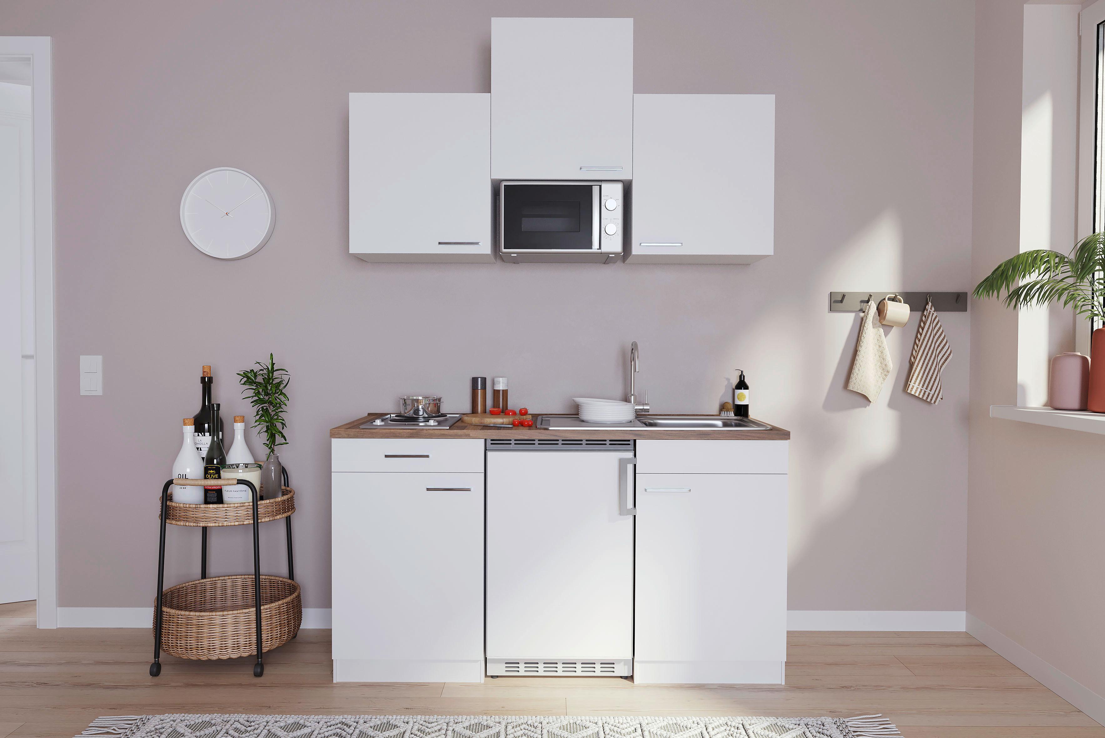 Miniküche Economy m. Geräten Weiß B: ca. 150 cm - Edelstahlfarben/Nussbaumfarben, Basics, Holzwerkstoff/Kunststoff (150cm) - Respekta