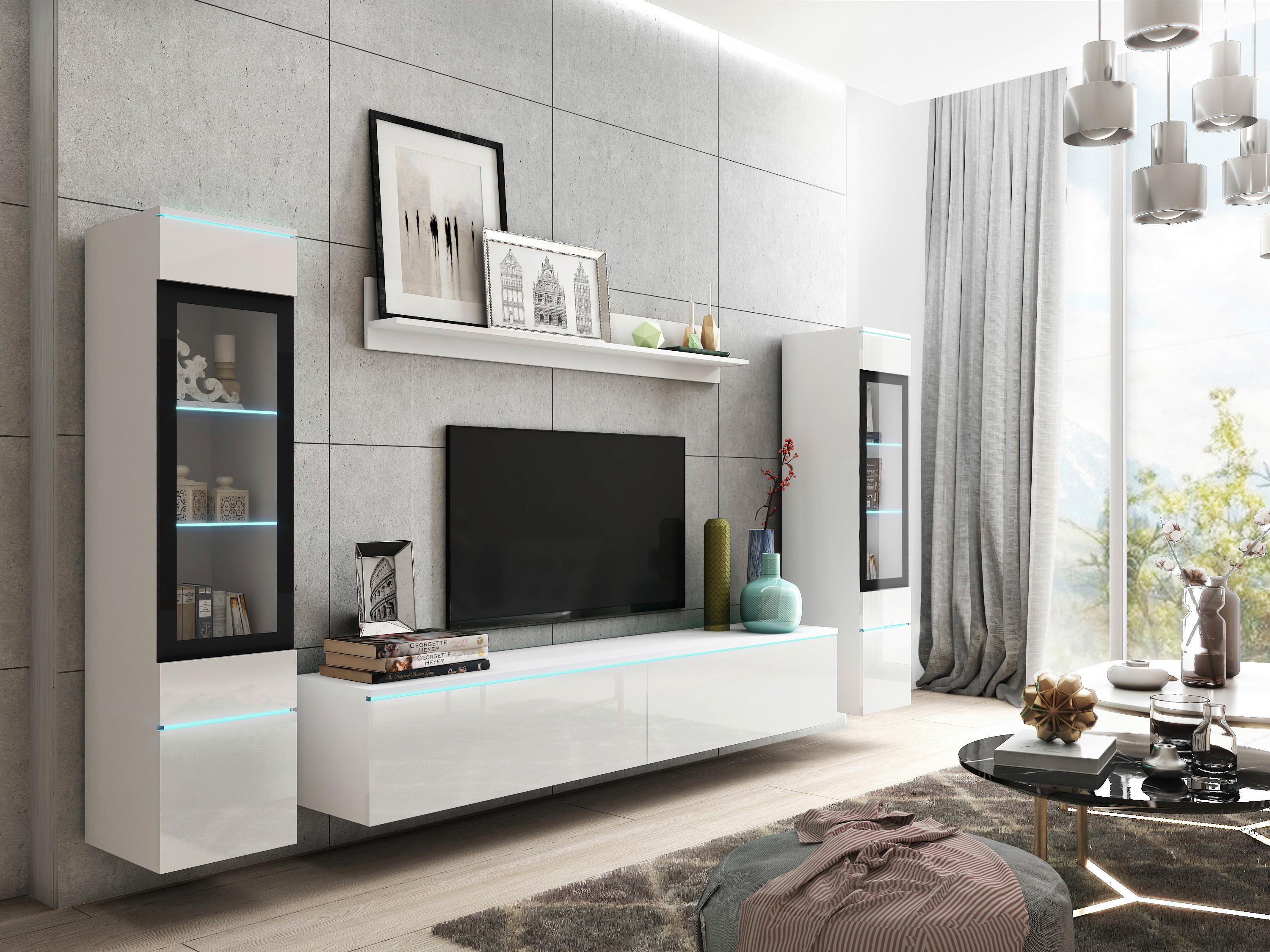 Dnevni Regal Vera, Bela, Visoki Sijaj, 4-Delno, Led - siva/bela, Trendi, umetna masa/steklo (240/130/33cm) - P & B