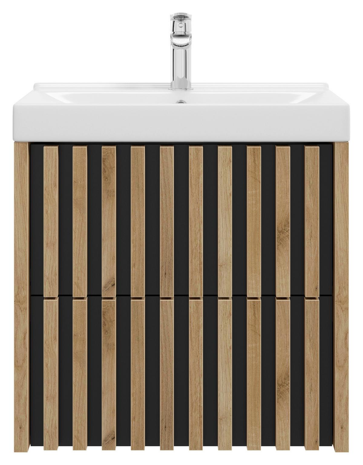 Bază cu lavoar, Line - alb/culoare lemn stejar, Modern, ceramică/material pe bază de lemn (61cm) - Welnova