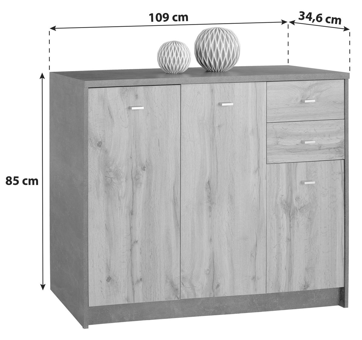 Komód 3 Ajtó 2 Fiók 4-You - tölgyfa színű/szürke, Modern, faalapú anyag (109,1/85,4/34,6cm)