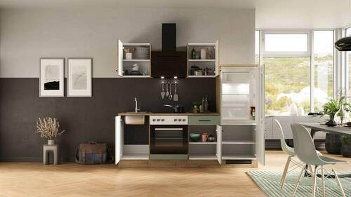 Kuhinjski Blok Cara, Zelena, Hrast - črna/zelena, Moderno, kovina/leseni material (220cm) - FlexWell