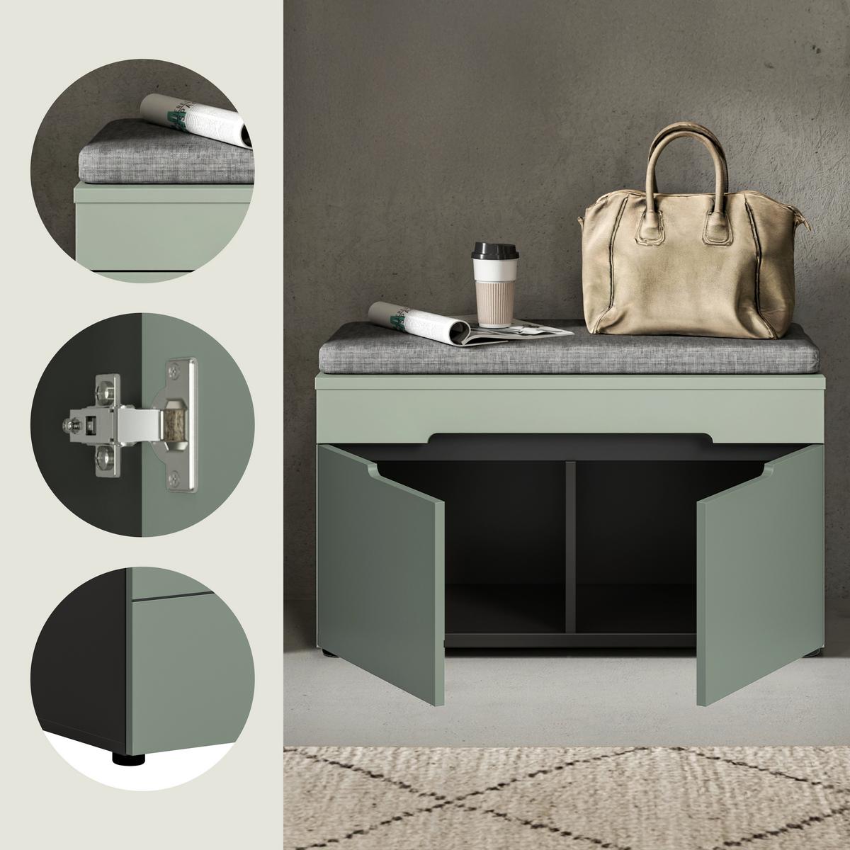 Garderobna Klop Canu, Sivozelena, Z Blazino - siva/črna, Design, umetna masa/leseni material (80/45/37cm) - Livetastic