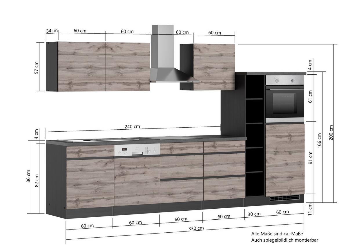 Küchenzeile Turin mit Geräten ca. 330 cm Graphit/Eiche - Eiche Wotan/Graphitfarben, Design, Holzwerkstoff (330cm) - Held