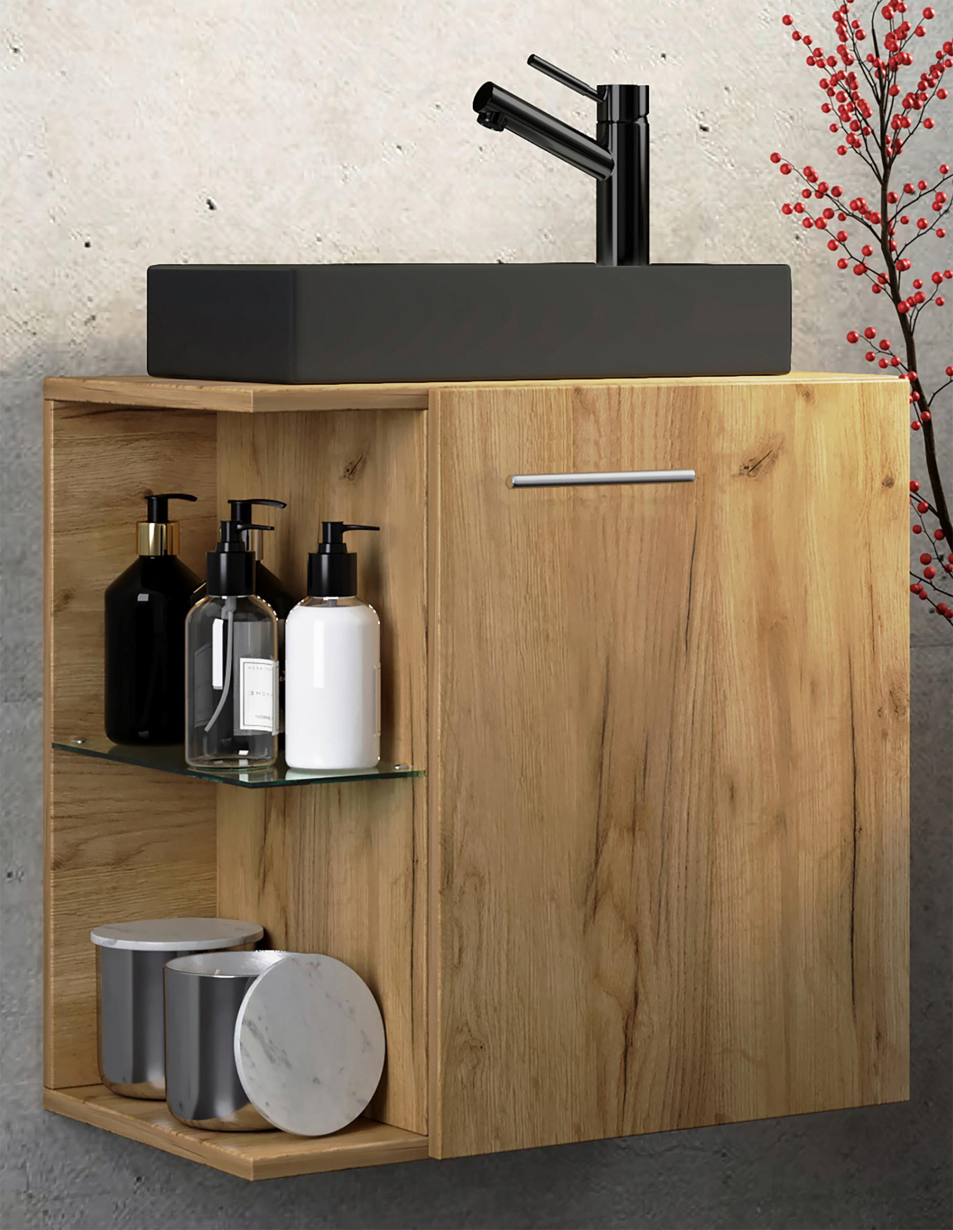WASCHTISCHKOMBI HAUSA BL - Honigeiche/Silberfarben, Modern, Glas/Keramik (52cm) - MID.YOU
