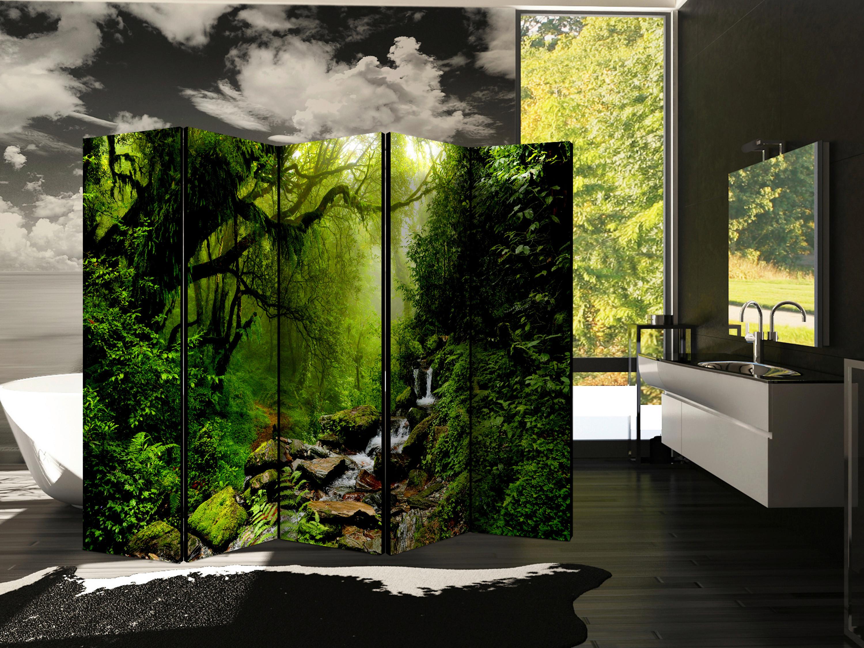 Paravan The Fairytale Forest I, 5-Delni, Akustičen - zelena/temno zelena, Basics, umetna masa/tekstil (225/172/3cm) - artgeist