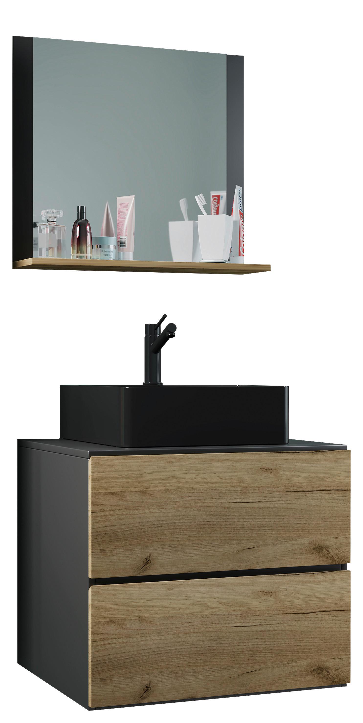 Kopalnica Lendas M, Antracit, Medeni Hrast - črna/medeni hrast, Moderno, steklo/leseni material (61cm) - MID.YOU