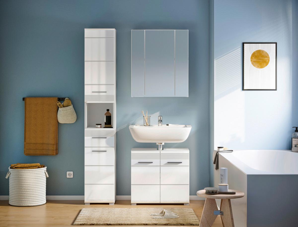 Badezimmer Linus 3-tlg. ca. 90 cm Weiß - Weiß Hochglanz/Silberfarben, MODERN, Glas/Holzwerkstoff (90cm) - MID.YOU