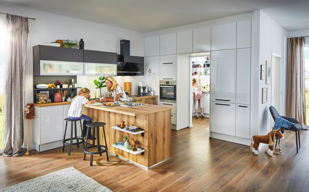 Einbauküche PN100/220 in Eichefarben/Weiß - Eichefarben/Weiß Hochglanz, MODERN, Holzwerkstoff - Pino