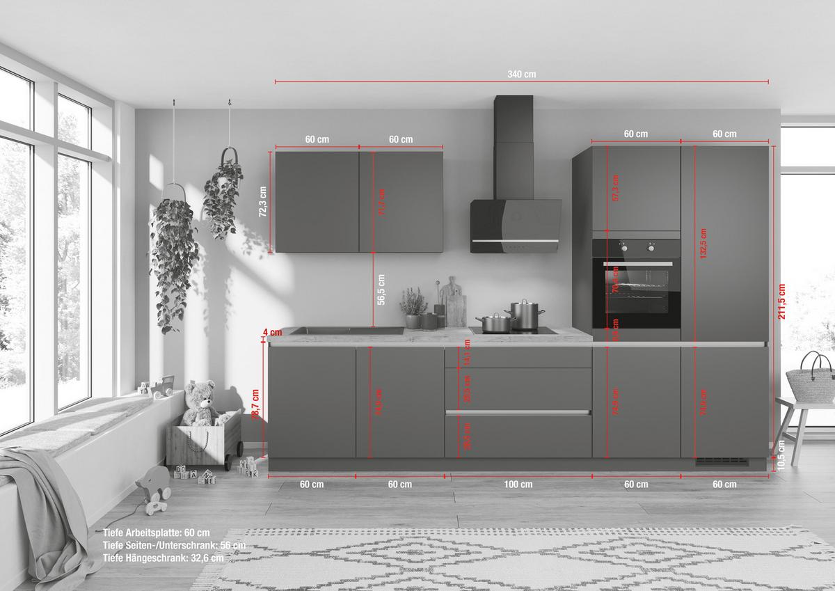Küchenblock IBC ohne Geräte ca. 340 cm Dunkelgrau - Edelstahlfarben/Eichefarben, Design, Holzwerkstoff/Metall (340cm) - Impuls