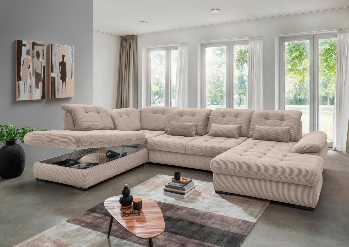 Wohnlandsschaft Rigatti Beige Cord mit Bettkasten - Beige/Schwarz, MODERN, Textil/Metall (252/387/184cm) - Livetastic