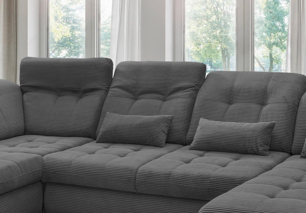 Wohnlandschaft Rigatti Grau Cord mit Bettkasten - Schwarz/Grau, MODERN, Textil/Metall (252/387/184cm) - Livetastic