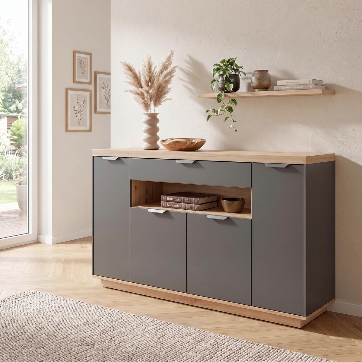 Široka Komoda Jake, Antracit, Barva Hrasta - antracit/hrast artisan, Trend, kovina/umetna masa (153/92/38cm) - Modern Living