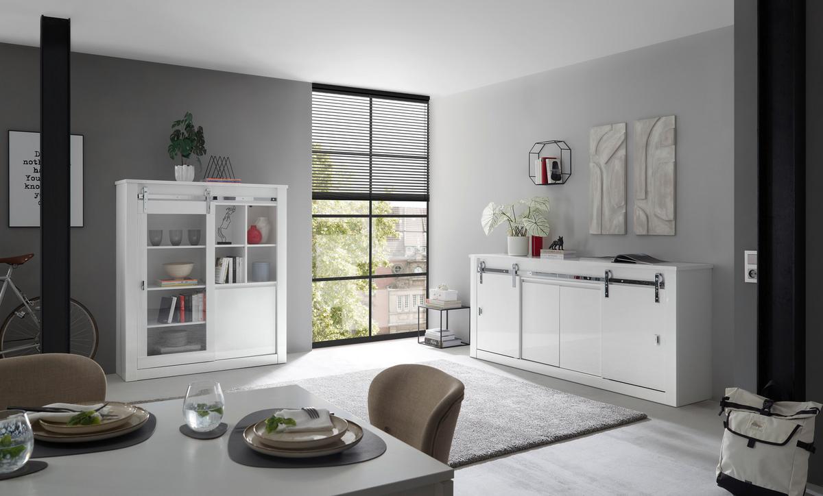 Vitrine Daytona Weiß - Chromfarben/Weiß Hochglanz, Design, Holzwerkstoff/Metall (133/152/38cm) - Livetastic