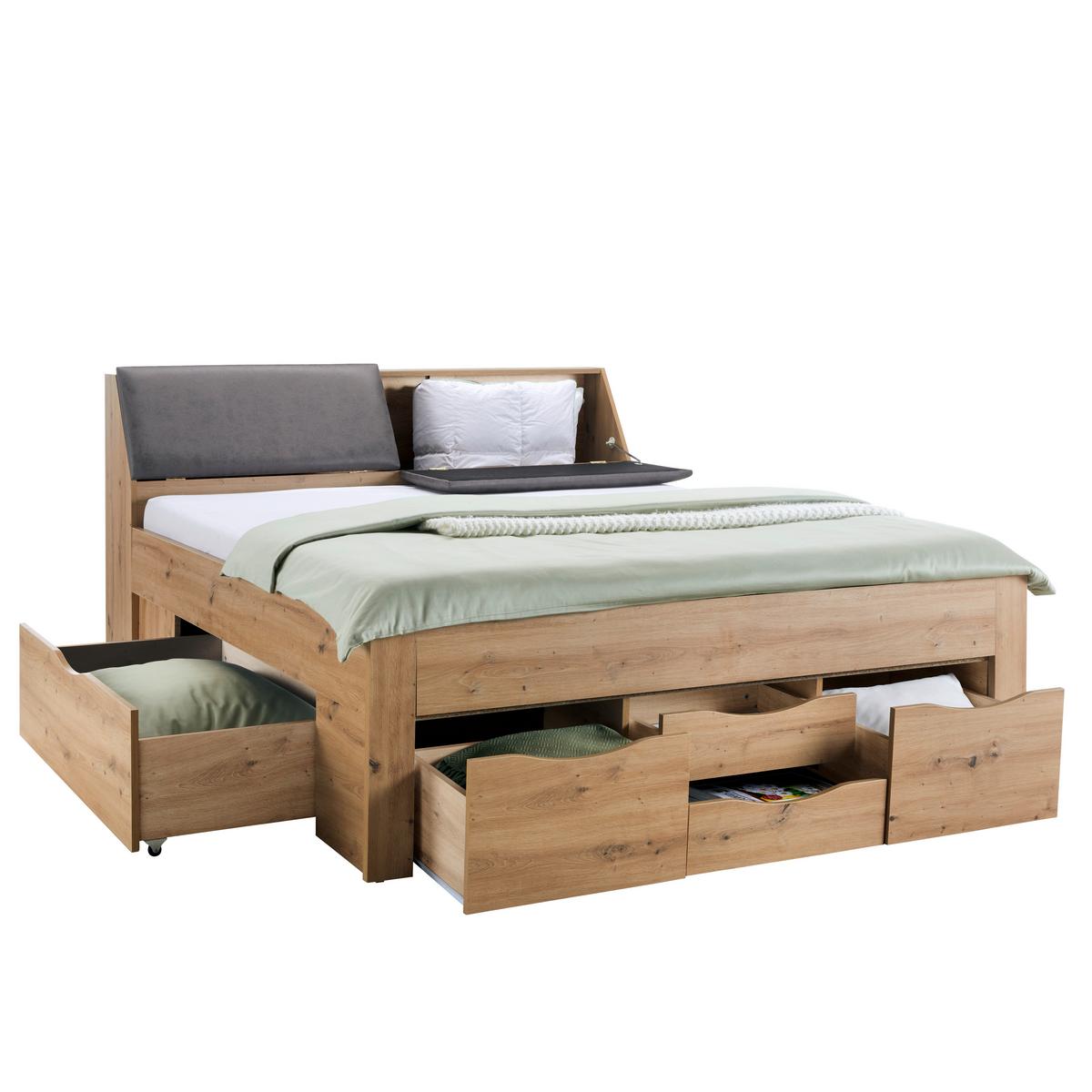 Stauraumbett in Eiche Artisan ca. 180x200cm - Eiche Artisan/Grau, KONVENTIONELL, Holzwerkstoff/Textil (180/200cm) - Mömax