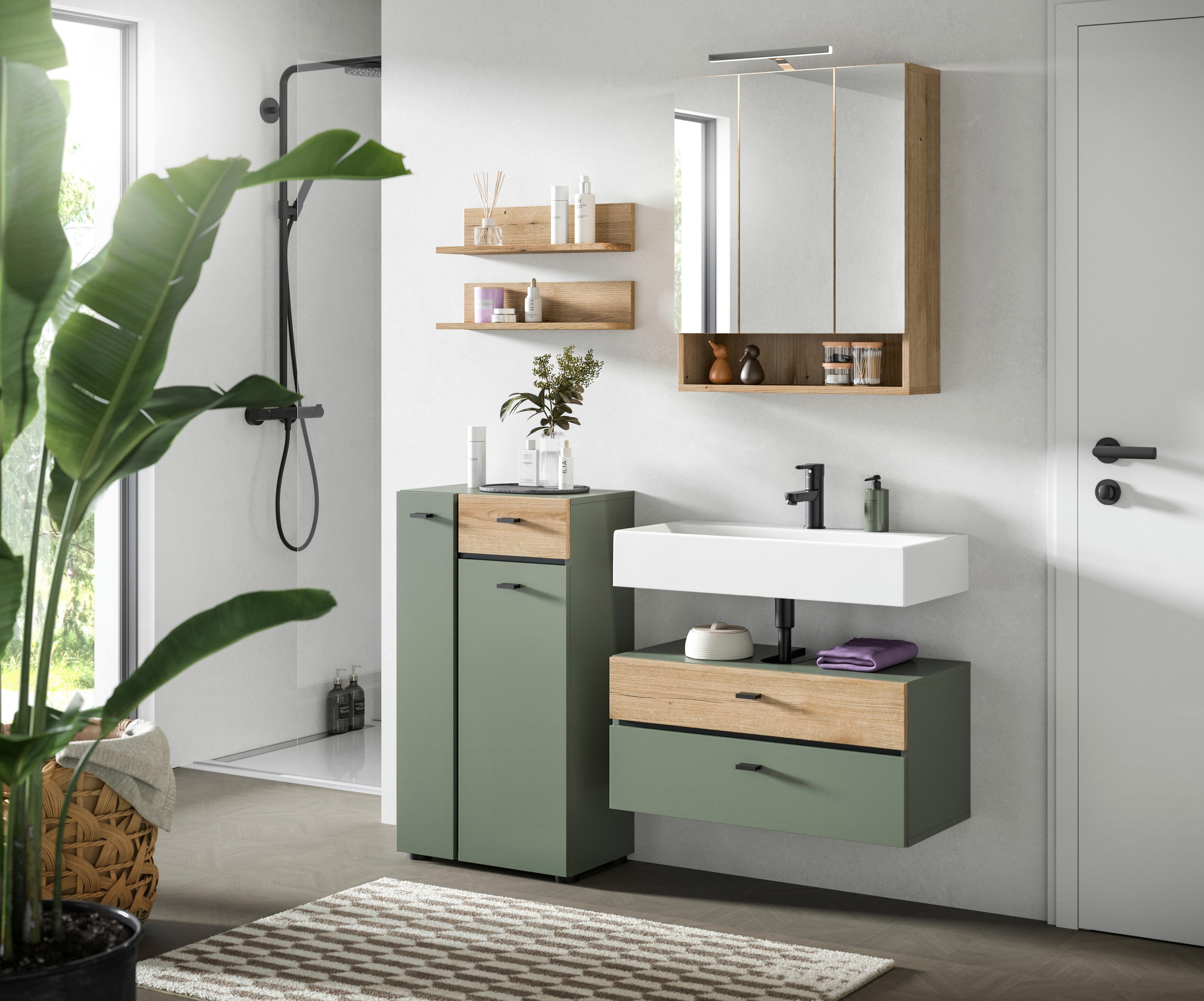 Badezimmer AQUA Grün, Eichefarben 4-teilig - Eichefarben/Schwarz, Trend, Glas/Holzwerkstoff (126cm) - MID.YOU