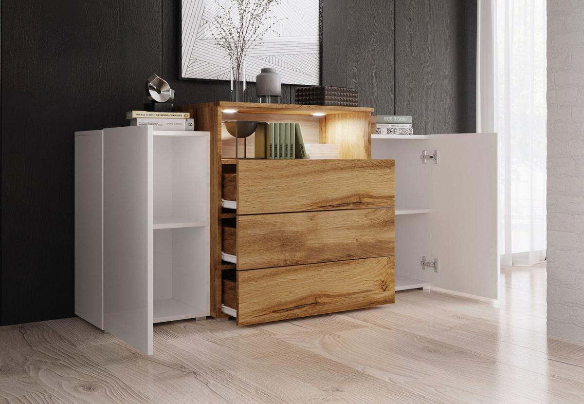 Sideboard Urban III mit LED ca. 150x69 cm Weiß/Eiche Wotan - Weiß Hochglanz/Eiche Wotan, LIFESTYLE, Holzwerkstoff/Kunststoff (150/68,7/32,5cm) - P & B