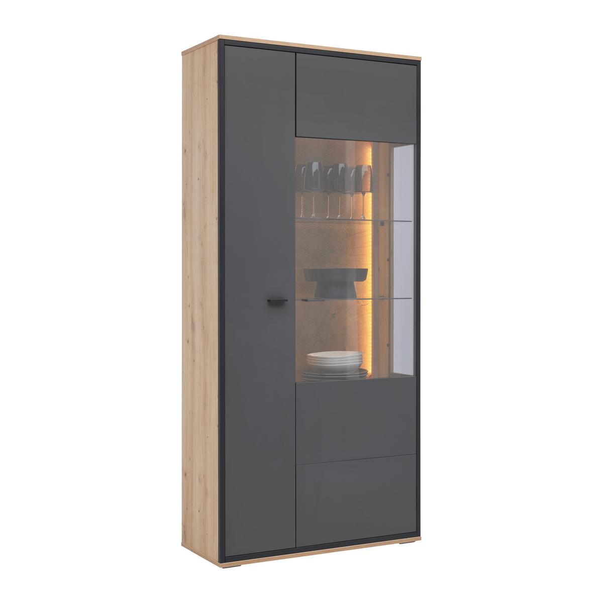 Vitrine Florenz Grau/Eiche Artisan - Schwarz/Eiche Artisan, MODERN, Glas/Holzwerkstoff (90,2/202,0/38cm) - Premium Living