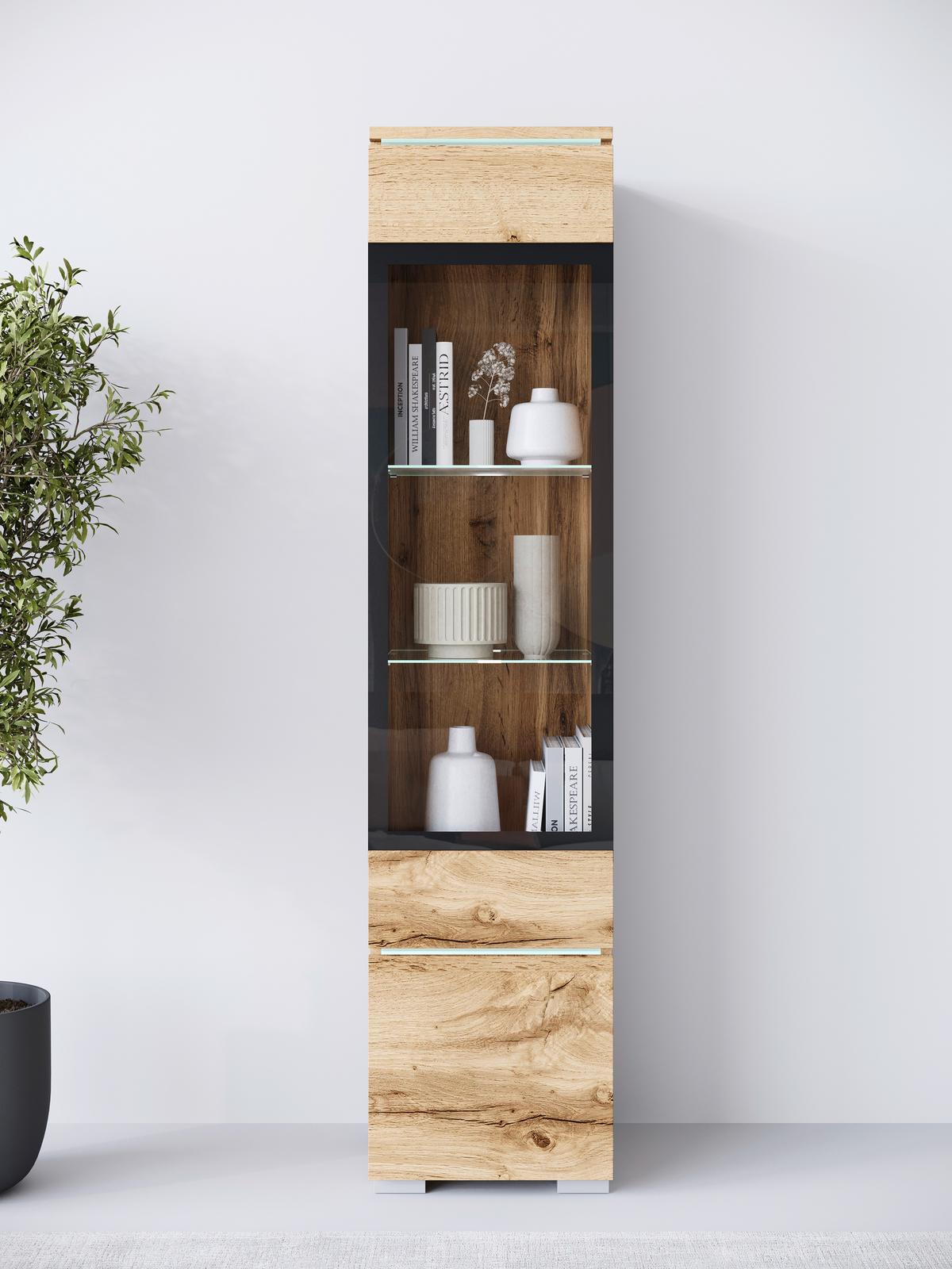 Vitrina Vera 002, Barva Hrasta - hrast wotan/siva, Design, steklo/leseni material (30/130/33cm) - Livetastic