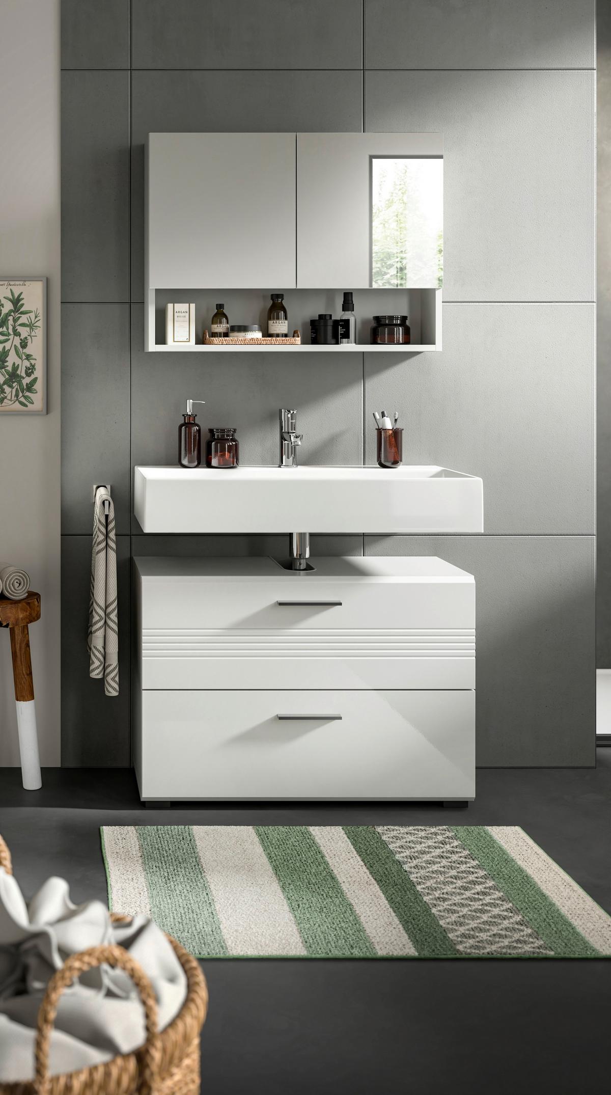 Badezimmer-Set COPA 2-teilg, Grau/Weiß Hochglanz - Chromfarben/Weiß Hochglanz, MODERN, Holzwerkstoff/Kunststoff (80cm) - MID.YOU