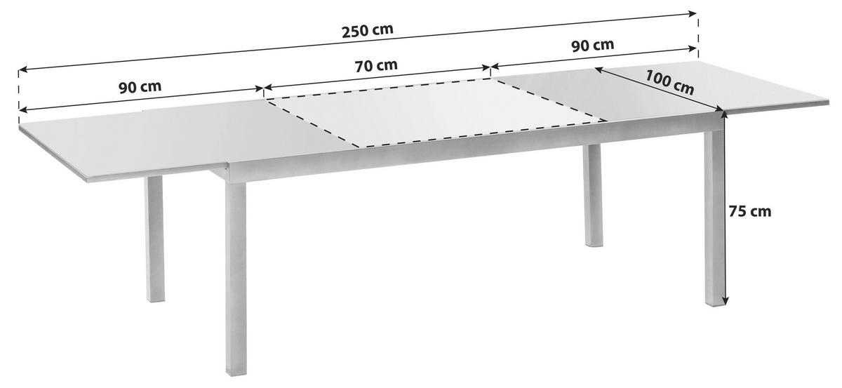 Gartentisch Semi Grau ausziehbar ca. 250x100x75cm - Graphitfarben/Grau, KONVENTIONELL, Glas/Metall (180-250/100/75cm) - Gardenson